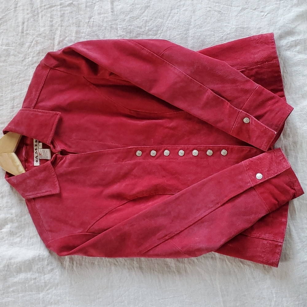 90's VINTAGE | 100% Suede Leather Red Blazer Jacket | A.M.I. | Women's Medium